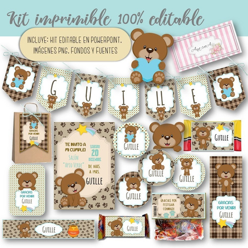 Kit Imprimible Osito Mod.4 100% Editable Deco Y Candy Bar