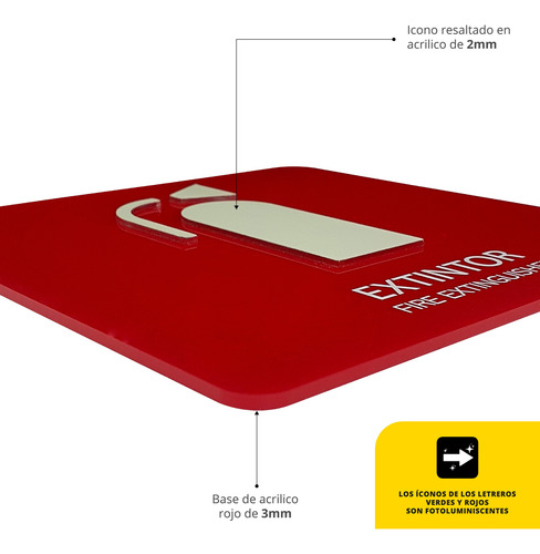 Letrero Extintor Acrílico 16x16cm Protección Civil Premium Rojo