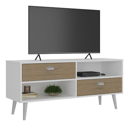 Rack Para Tv Hasta 42' Con 2 Cajones Y Estantes. Color Blanco/avena