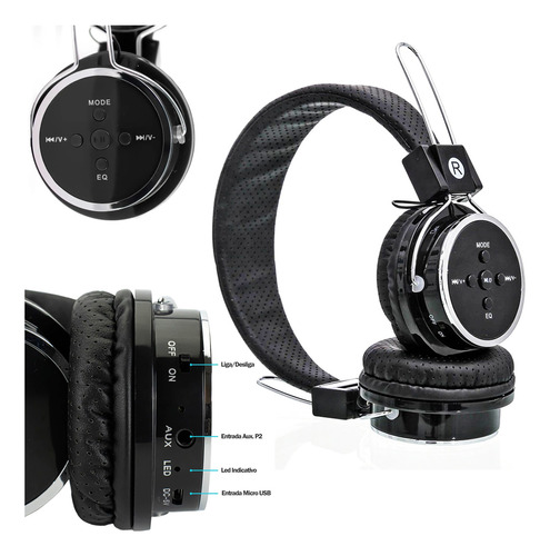 Fone De Ouvido Bluetooth Headphone Sem Fio Cartão Sd Preto