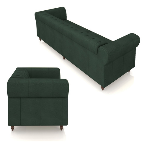 Conjunto Sofá 240cm E 2 Poltronas Chesterfield Couro Verde
