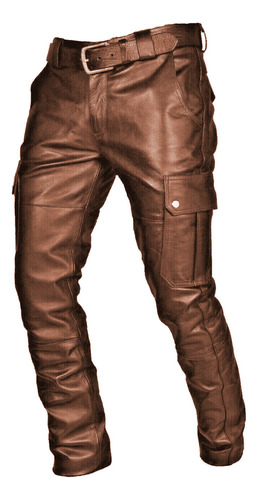 Pantalones Casuales Cuero Correa Pu Color Sólido Para Hombre