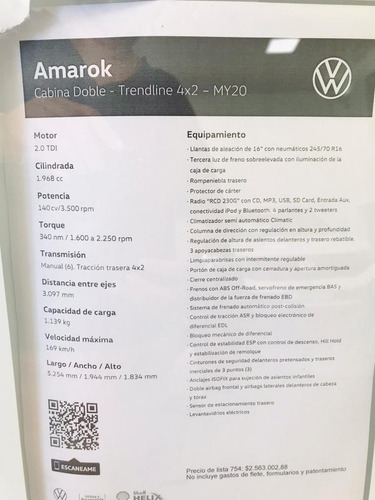 Volkswagen Amarok Doble Cabina Trendline Patenta 2021