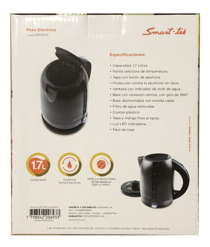 Pava Electrica Negra Jarra Corte Mate Cafe Hervidor Sd 1070