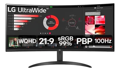 Imagem do produto Monitor LG UltraWide™ Curvo – Tela VA de 34”, WQHD 3440 x 1440, 21:9, sRGB 99%, HDR10, PBP, 100Hz, AMD FreeSync™ - 34WR50QC-B em Mercado Livre