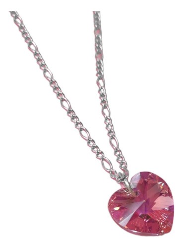 Collar Dije De Corazón 15 Mm Cristal Rosa Y Cadena De Plata 