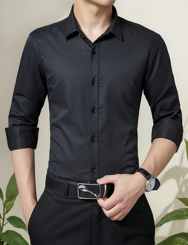 Camisa De Vestir Hombre Moda Slim Color Sólido Manga Larga