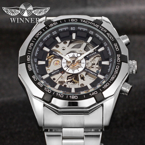 Mens Automatic Mechanical Watch:steel Band Hollow-out Design