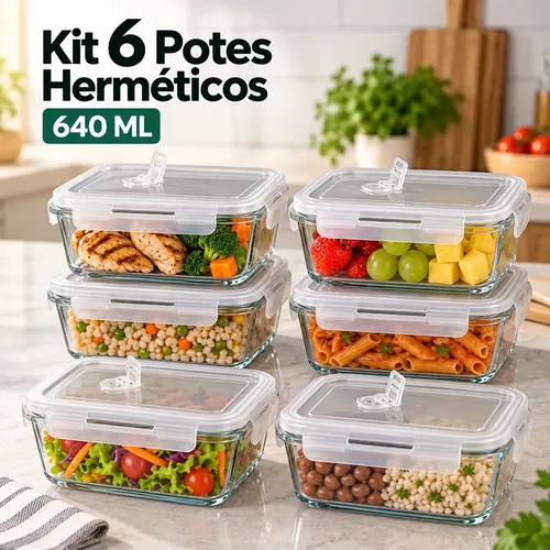 Kit 6 Potes de Vidro Herméticos Borossilicato com Tampa e Válvula de Respiração 640 ML