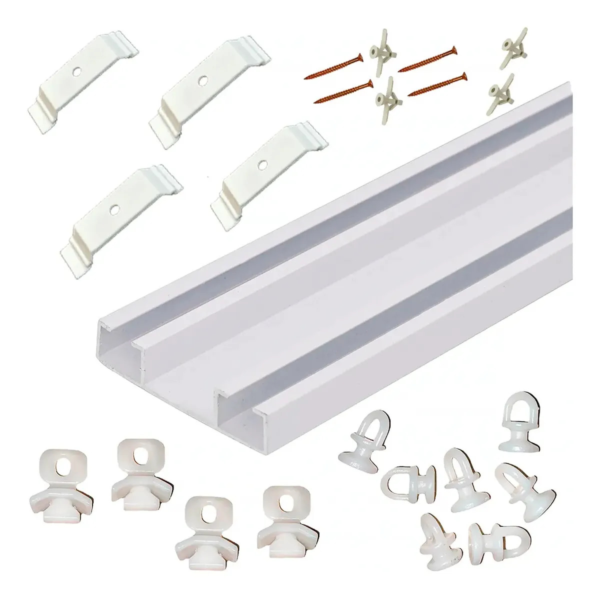 Trilho Suíço Max Duplo 1,30m Deslizantes Presilhas Terminal Branco Para Gesso/drywall