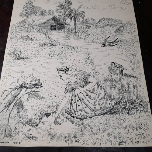 Imagem 1 de 6 de Desenho Nanquim Bico De Pena Datado 1953 Antigo Sem Moldura