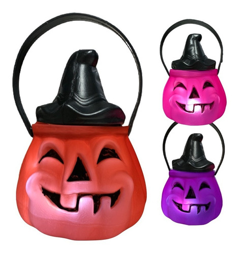Imagen 1 de 10 de Caramelera Calabaza Tapa Luz Led Balde Golosinas Halloween