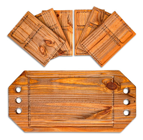 Set Picada Asado Tabla Cocina + X6 Platos Parrilla Familiar Set Premium Familiar De Tabla Y 6 Platos Rectangulares Roble Oscuro