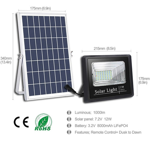 Foco Led Solar Recargable 25w Con Panel Y Control Remoto