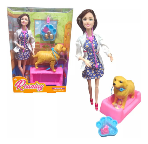 Muñeca Betty Veterinaria Con Mascotas 29cm Articulada