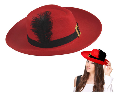 Sombrero Gorro Mosquetero Cotillon Disfraz Rojo Con Plumas 