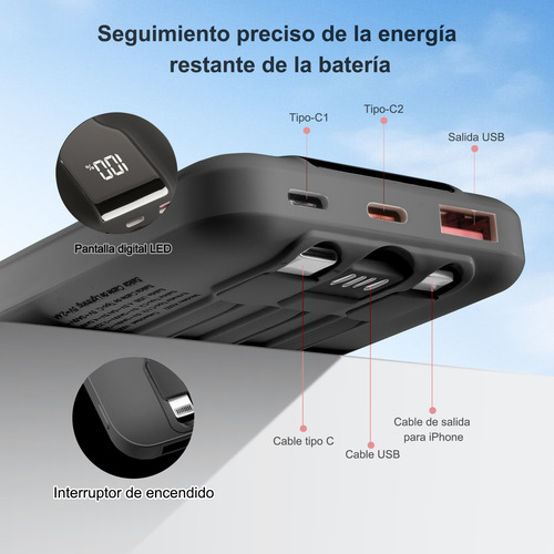 Power Bank 10000mah 22.5w Pd Carga Rápida Usb-c Lightning Negro