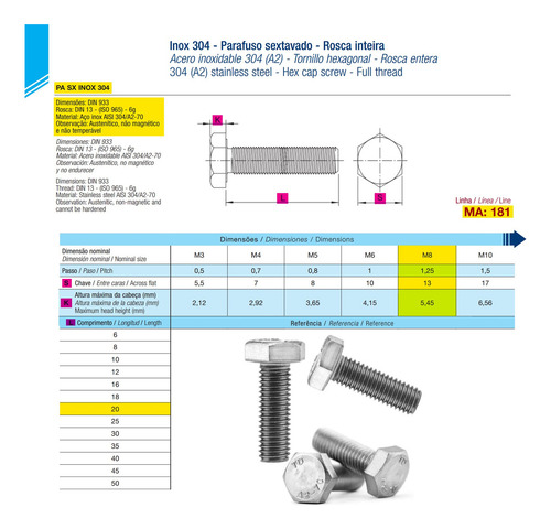 Parafuso Inox M8 X 20 Sextavado Rosca Inteira M8x20 - 100un