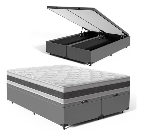 Box Baú Casal + Colchão De Espuma D45 Double Face - Anjos Cor Cinza
