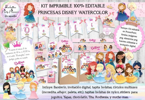 Kit Imprimible Princesas Disney Watercolor 100% Editable
