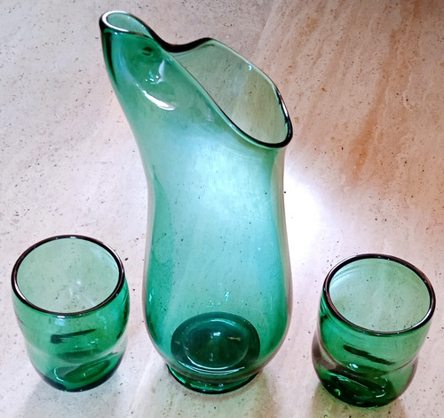 Jarra De Vidrio Verde Oscuro Y 5 Vasos De Diseño Único 