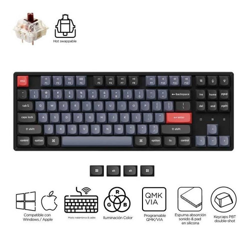 Imagen 2 de 10 de Teclado Mecanico Wireless Keychron K8 Pro Programable Custom Qmk Via Aluminio Rgb Qwerty Gateron Brown Switch Hotswappable Distribución Ansi Inglés Us Bluetooth Gamer Coder Pc Mac Tamaño Layout 80%