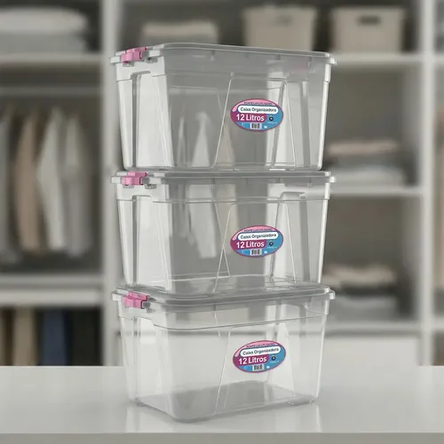 Kit 3 Caixas Organizadoras Transparente 12 Litros Com Tampa Resis...