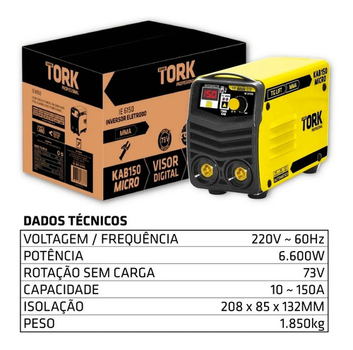 Imagem 4 de 6 de Kit Inversor Solda Kab 150micro 220v Tork + Luva Vaqueta Tig