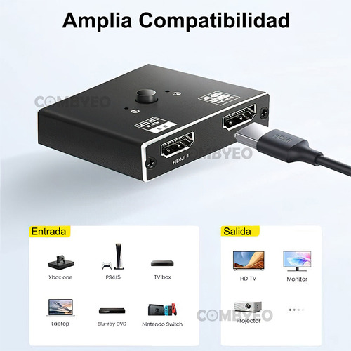 Combyeo Switch Hdmi Splitter Hdmi Switch Splitter Hdmi 4k 3d 2 En 1 Bidireccional Calidad De Imagen 4k 60hz Conmutador Negro