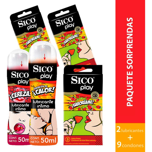 Kit 9 Condones Saboréame Fresa + 2 Lubricantes Sico Play