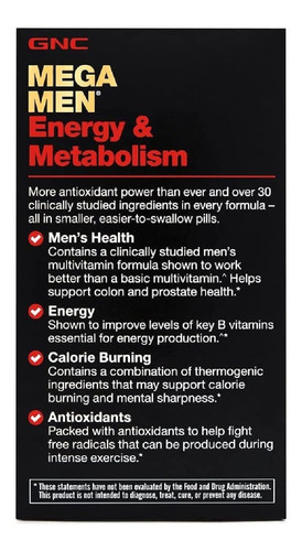 Mega Men Energía Y Metabolismo Gnc 90 Comprimidos Sabor Neutro