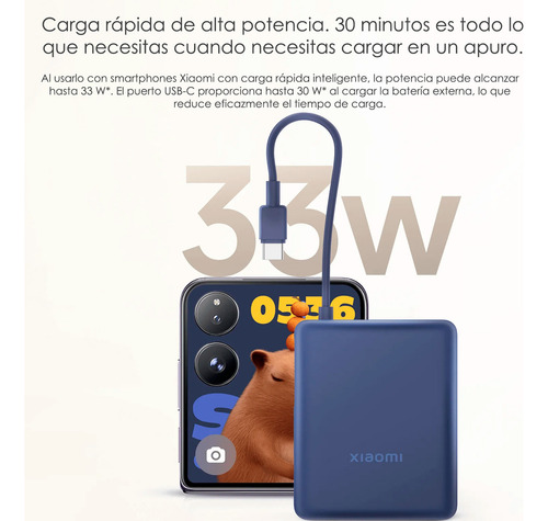 Xiaomi Cargador Portatil Power Bank 10000mah 33w Supercarga Con Cable/cordón Azul Modelo Pb1033mi Pd 3.0 5v-3a 9v-3a 11v-3a 12v-2,5a 15v-2a 20v-1,5a Máx
