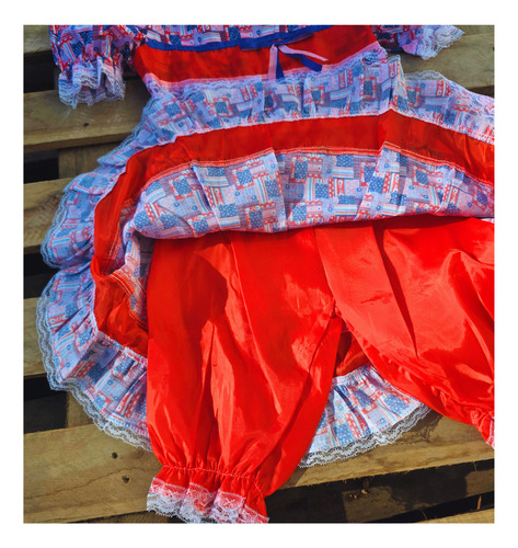 Vestido Festa Junina Infantil Estampado Com Laço Azul E Rosa