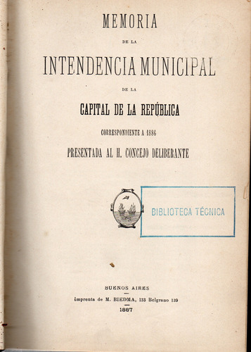 Intendencia Municipal De La Capital . Memoria 1886