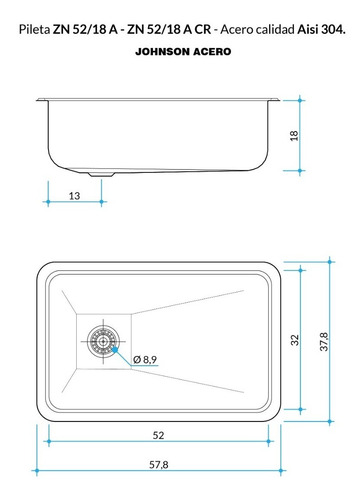 Imagen 4 de 7 de Pileta Cocina Johnson Acero Bacha Simple Zn 52/18 Mm
