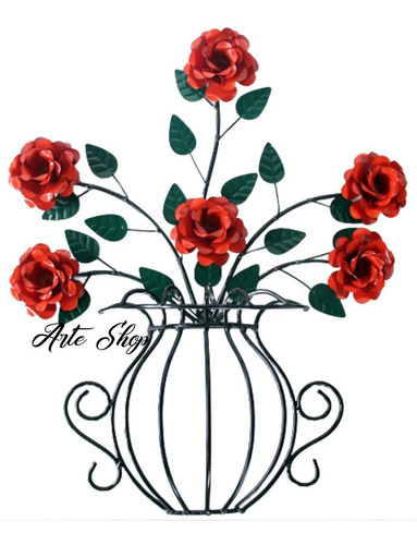 Aplique De Vaso Decorativo De Parede Quadro Com Flores Cor Vermelho Cor da armação Preto
