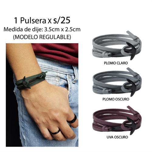 Pulsera Ancla Negro Cuero Vegano Regulable Unisex Hombre V2