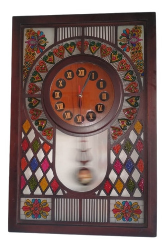 Reloj Péndulo Con Vitral Artesana Y Madera 