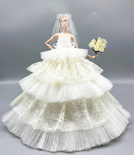 Vestido De Noiva Da Boneca Barbie Luxo Sapato Véu Luvas 23s