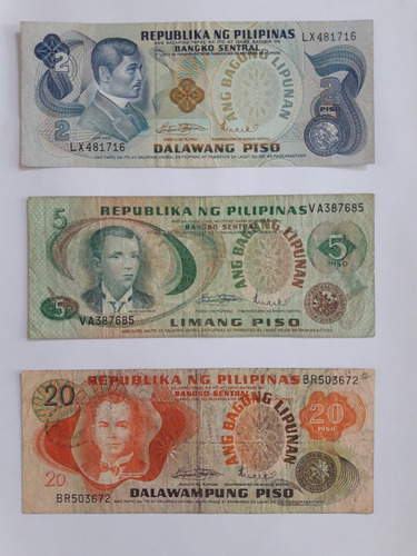 Billetes Filipinas 2, 5 Y 20 Piso 