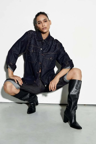 Campera De Jean Oscuro Con Brillos De Mujer Tendencia