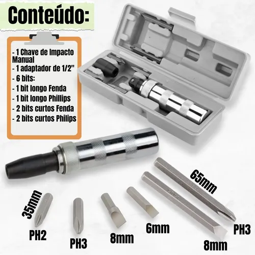 Chave Impacto Martelete Manual Reversível Fenda Phillips 8pç