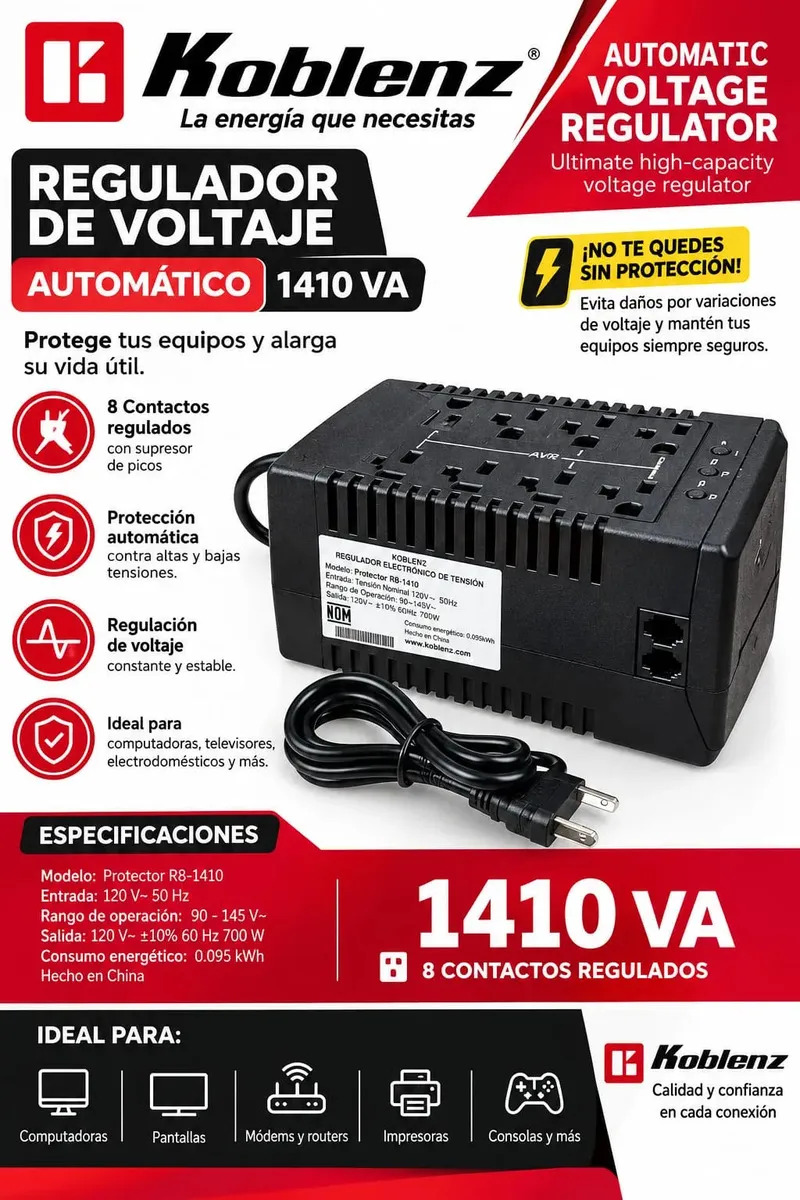 Regulador De Voltaje 8 Contactos Koblenz RS-1410, Para Hogar y Oficina, 1410Va / 700W, Luz Led, , Color Negro