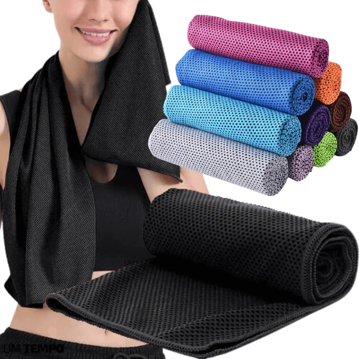 Toalha de Rosto Esportiva Microfibra Refrescante Academia Preta 88x29cm