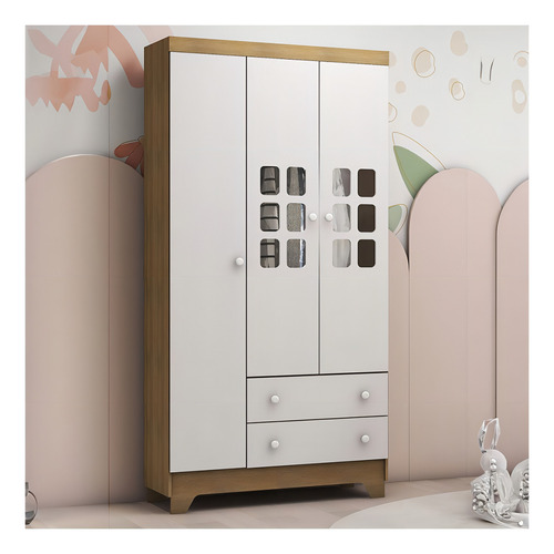 Armario infantil Malu con 3 puertas, madera de abedul blanco satinado