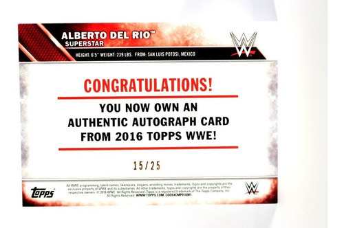 Alberto Del Rio El Patrón Autógrafo Firma Wwe Tarjeta Topps (Usado)