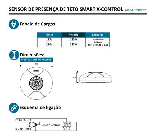 Sensor De Presença De Teto 360 Xcontrol Bivolt Lest4000 (xc)