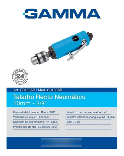 Imagen 2 de 5 de Taladro Recto Neumático Gamma 10mm 3/8 Pulgadas
