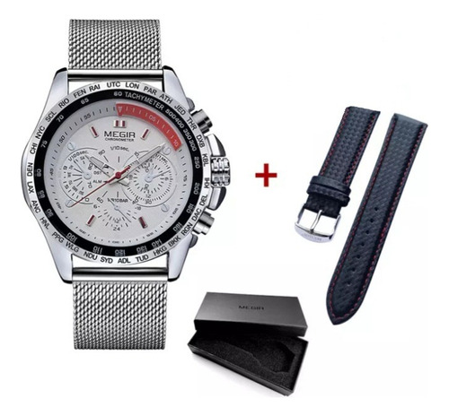 Reloj Megir Hombre Acero + Correas De Cuero + Caja