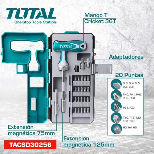 Imagen 2 de 5 de Juego Destornillador 25 Puntas Total Tacsd30256 Mango T